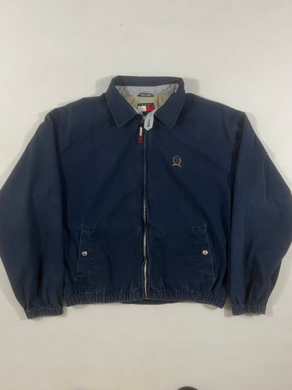 Vintage 90s Tommy Hilfiger Navy Crest Harrington Zip Bomber Jacket XL